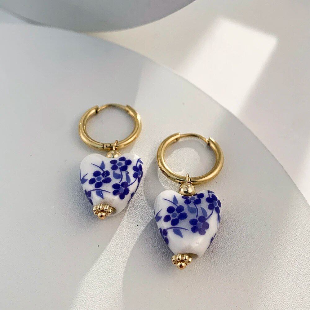 Closeup of the Blue & White ceramic Earrings