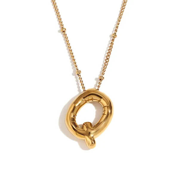 Gold Bubble Letter Q Necklace.