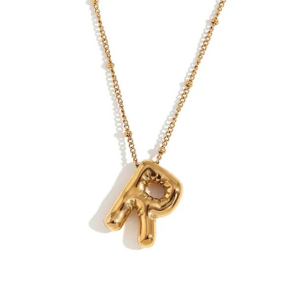 Gold Bubble Letter R Necklace.