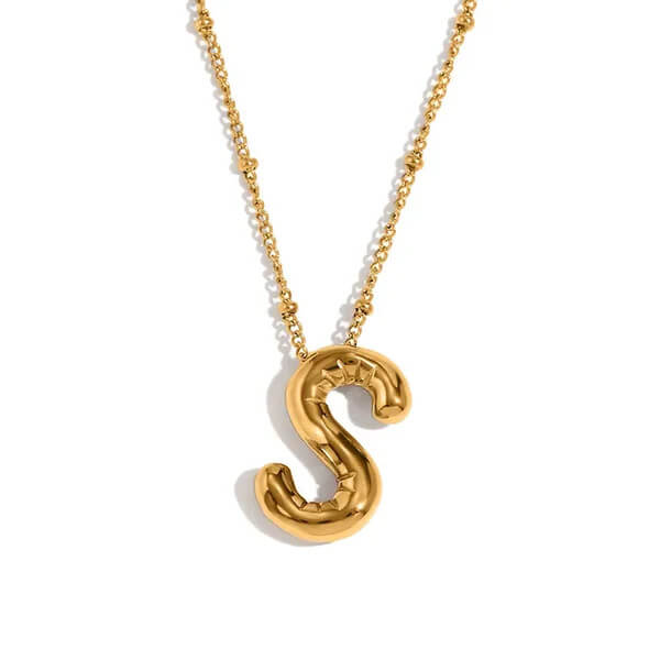 Gold Bubble Letter S Necklace.