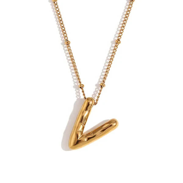 Gold Bubble Letter V Necklace.