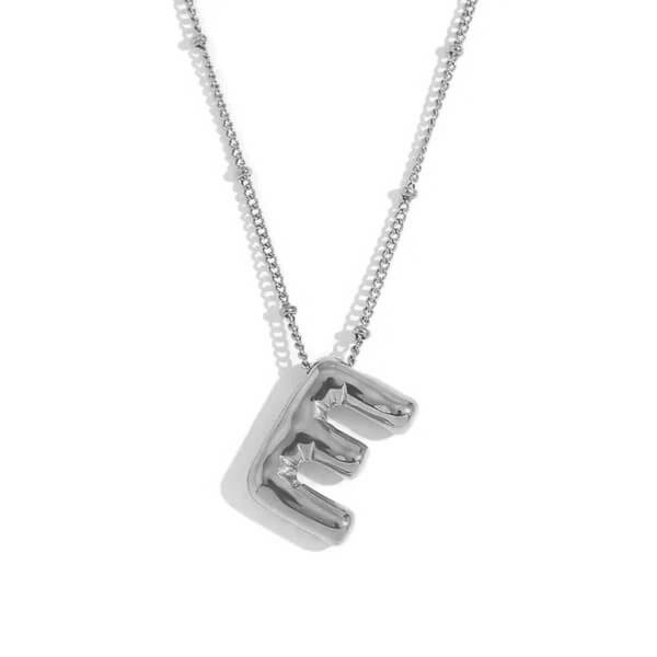 Silver Bubble Letter E Necklace.