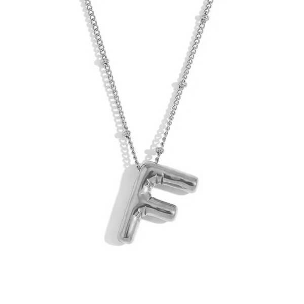 Silver Bubble Letter F Necklace.