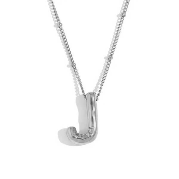 Silver Bubble Letter J Necklace.