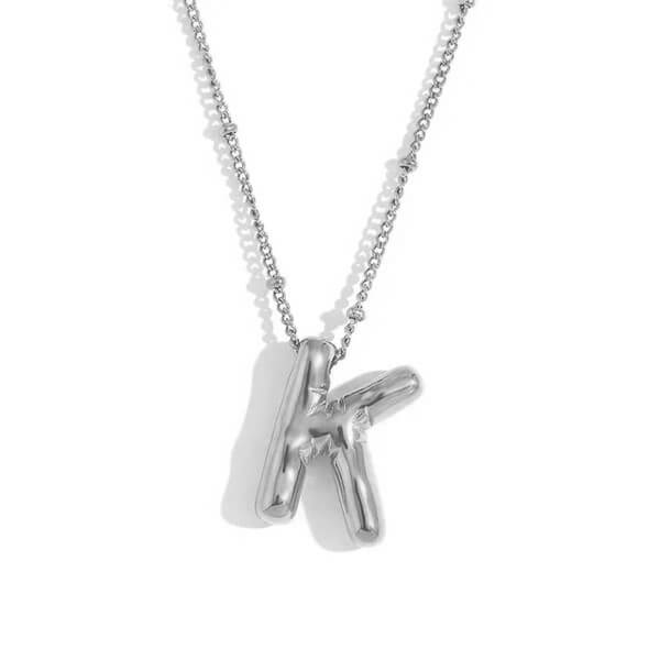 Silver Bubble Letter K Necklace.