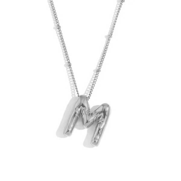 Silver Bubble Letter M Necklace.