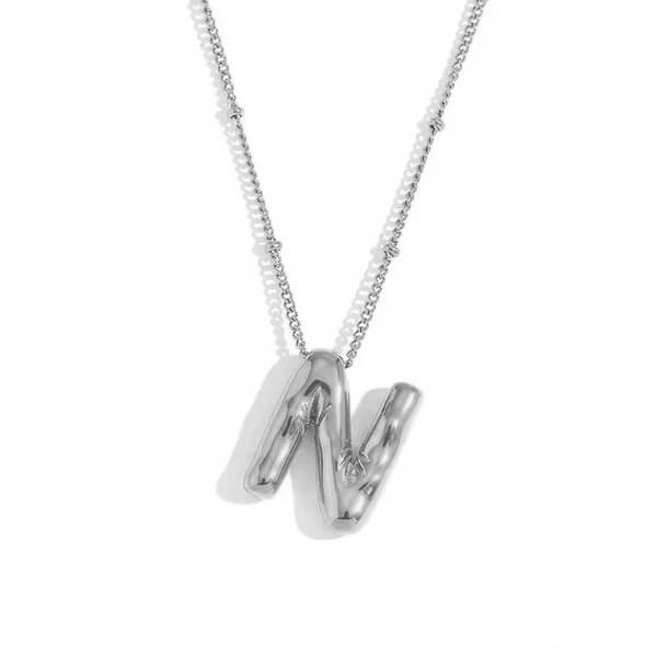 Silver Bubble Letter N Necklace.