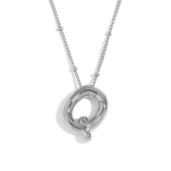 Silver Bubble Letter Q Necklace.