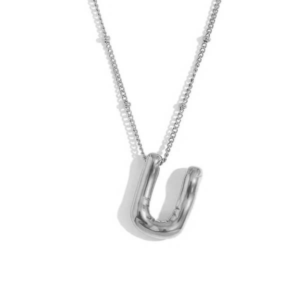 Silver Bubble Letter U Necklace.