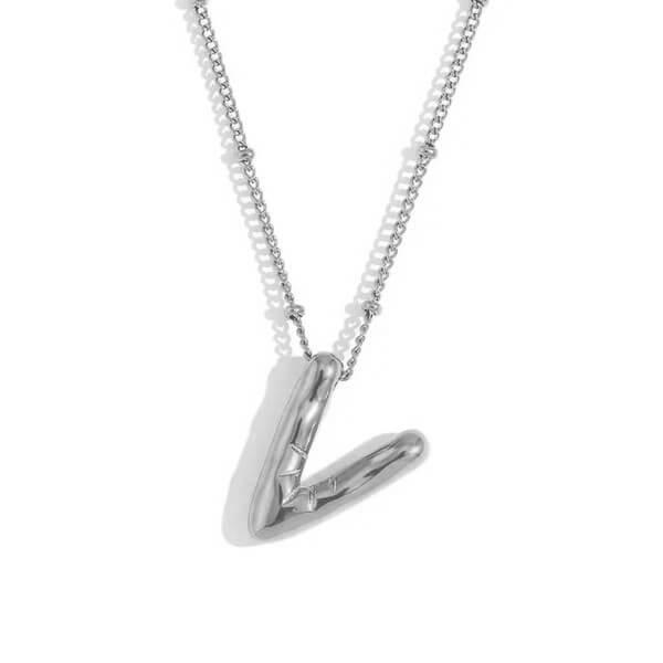 Silver Bubble Letter V Necklace.