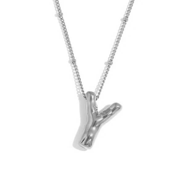 Silver Bubble Letter Y Necklace.