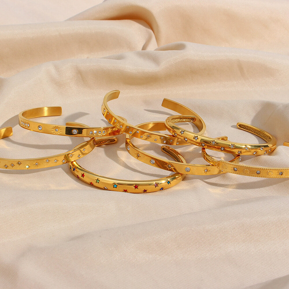 Full view of the Celestial Gold Stacking Bracelets.