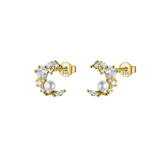 Gold Crystal Pearl Moon Studs.