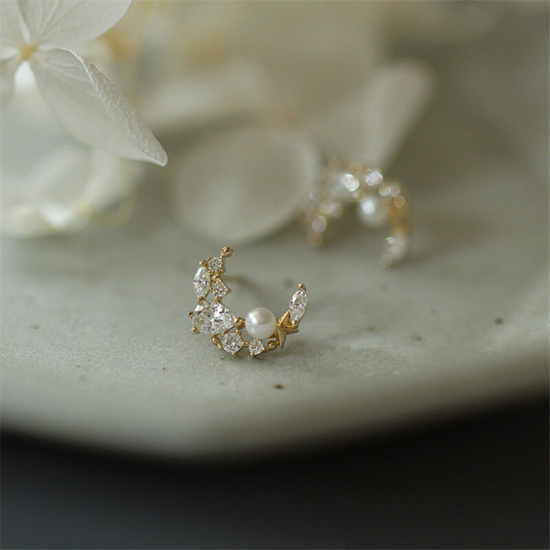 Closeup of the Crystal Pearl Moon Studs.