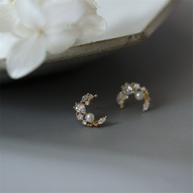 Sparkly Crystal Pearl Moon Studs.