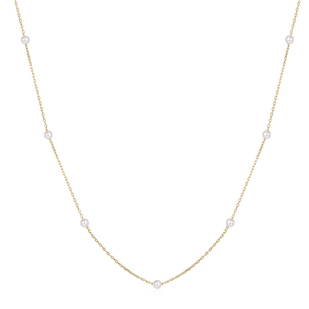 Gold Delicate Pearl Chain Necklace.