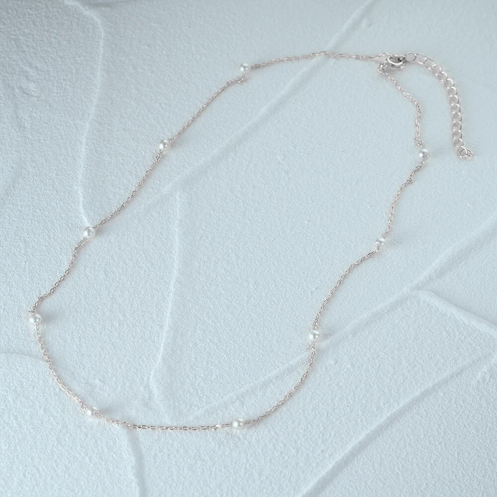 Full view of the Delicate Pearl Chain Necklace.