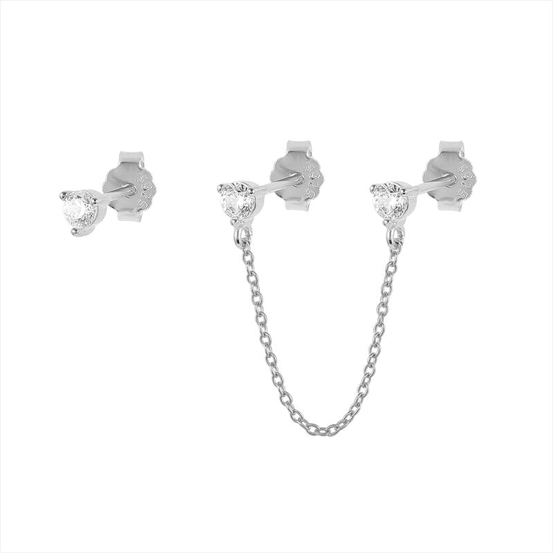Silver Double Stud Chain Earring Set.