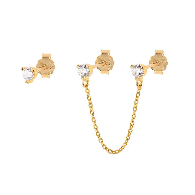 Gold Double Stud Chain Earring Set.