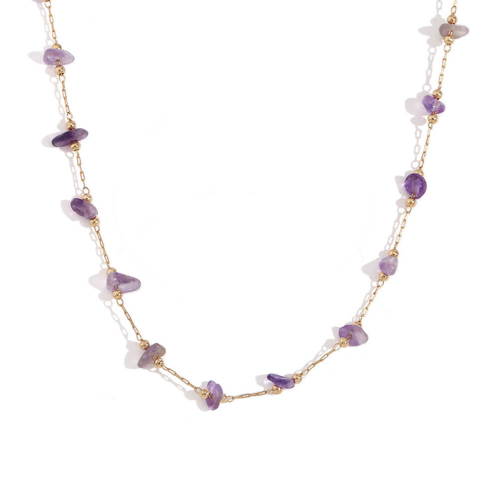 Amethyst Gemstone Beaded Gold Necklace.