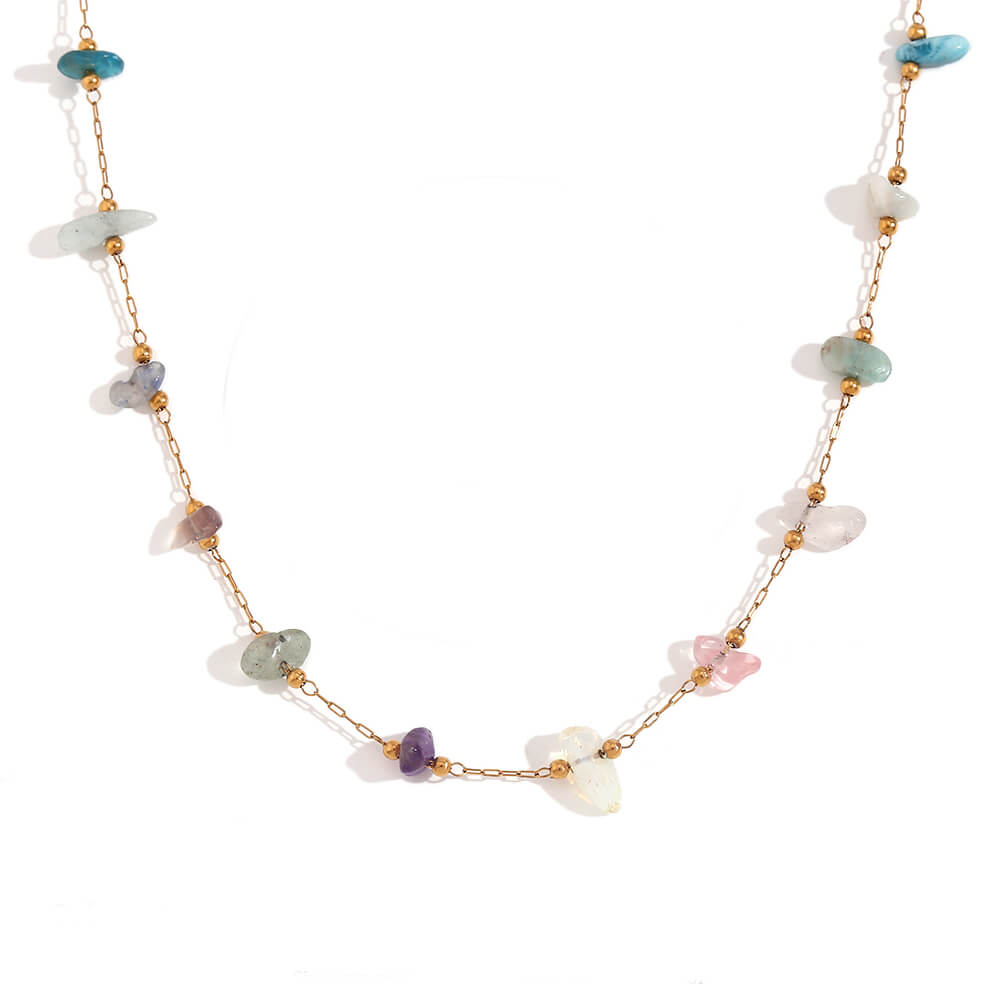 Mixed Gemstone Beaded Gold Necklace.