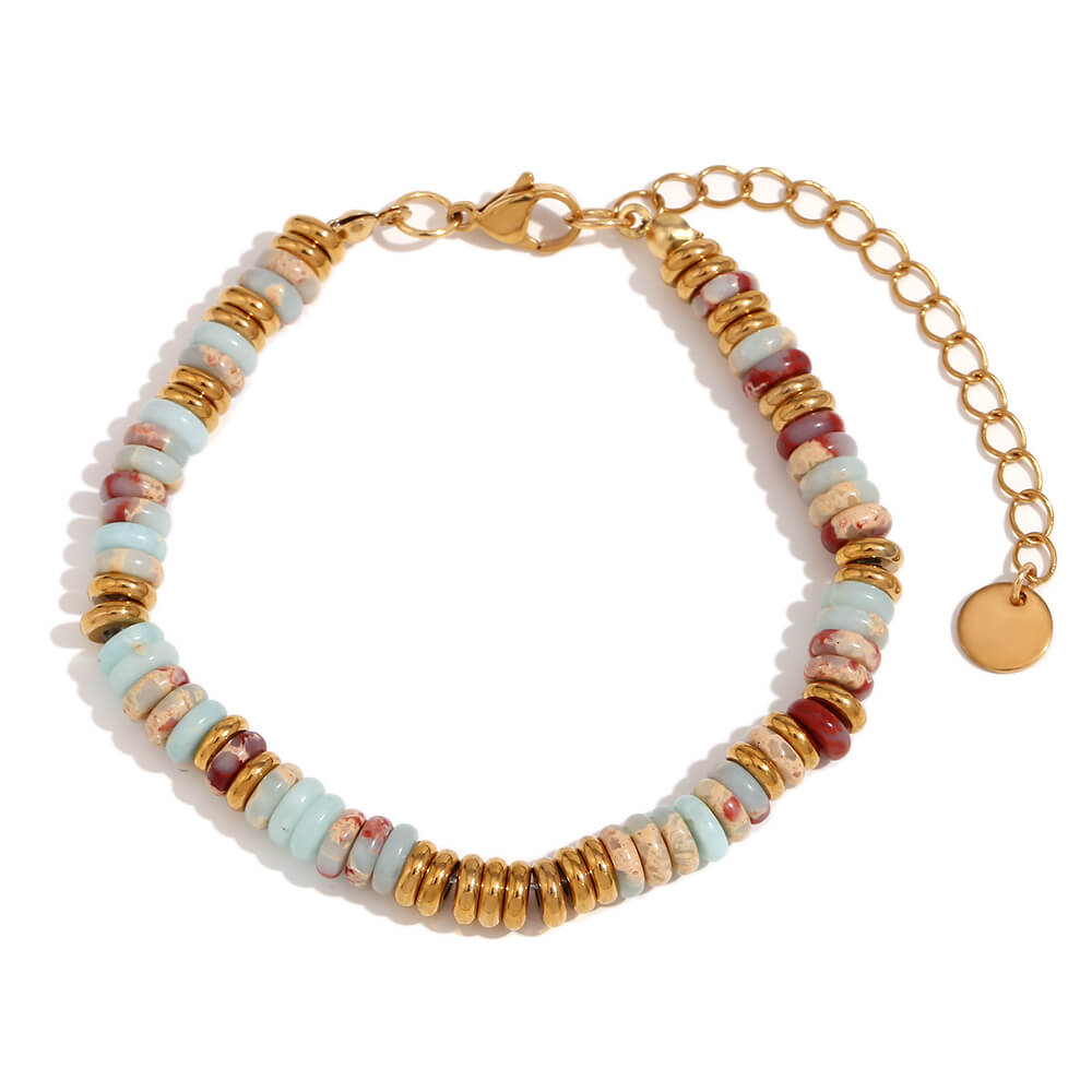 Amazonite Gemstone Rondelle Beaded Gold Bracelet.