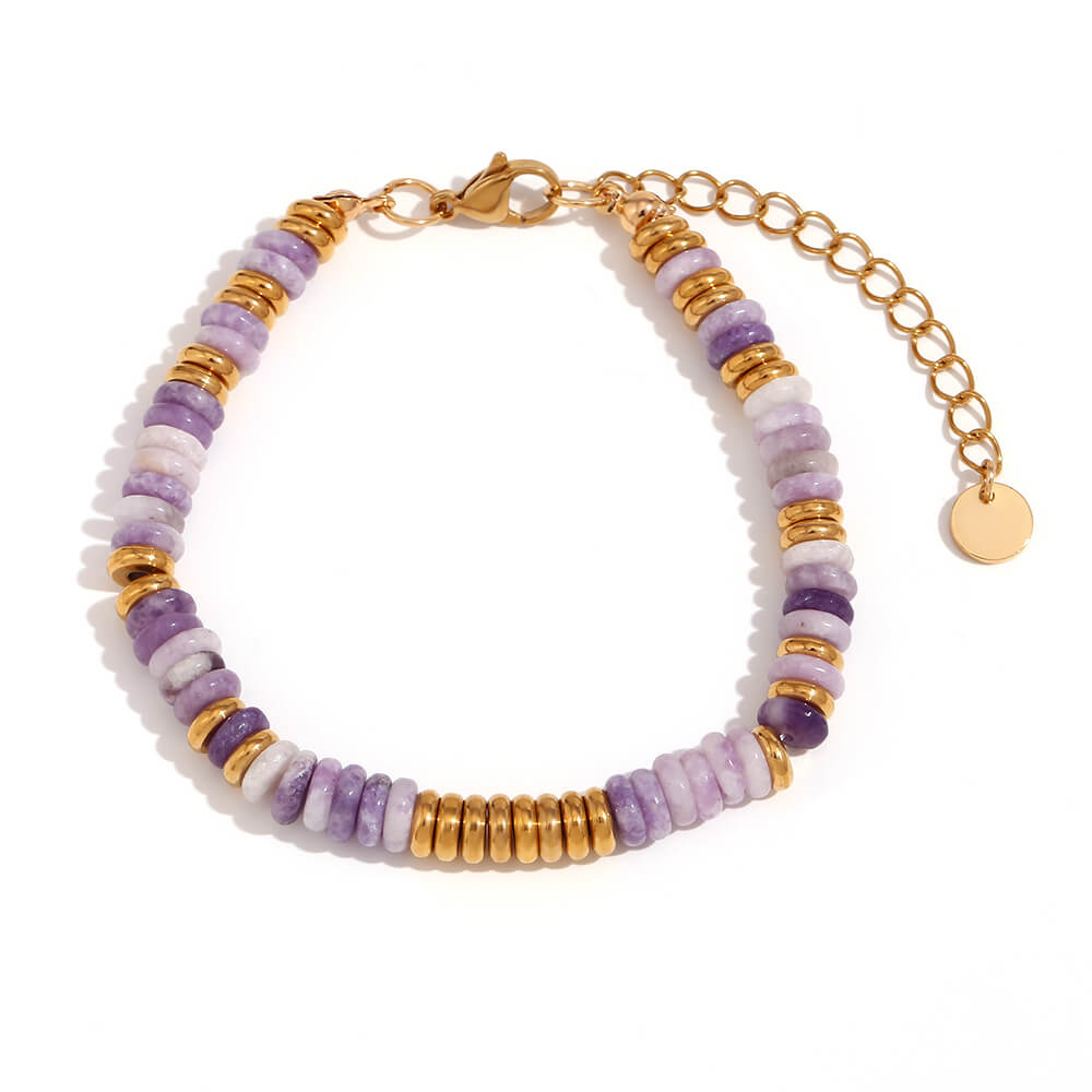 Amethyst Gemstone Rondelle Beaded Gold Bracelet.