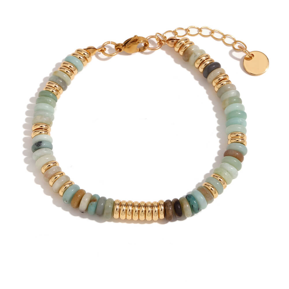 Agate Gemstone Rondelle Beaded Gold Bracelet.