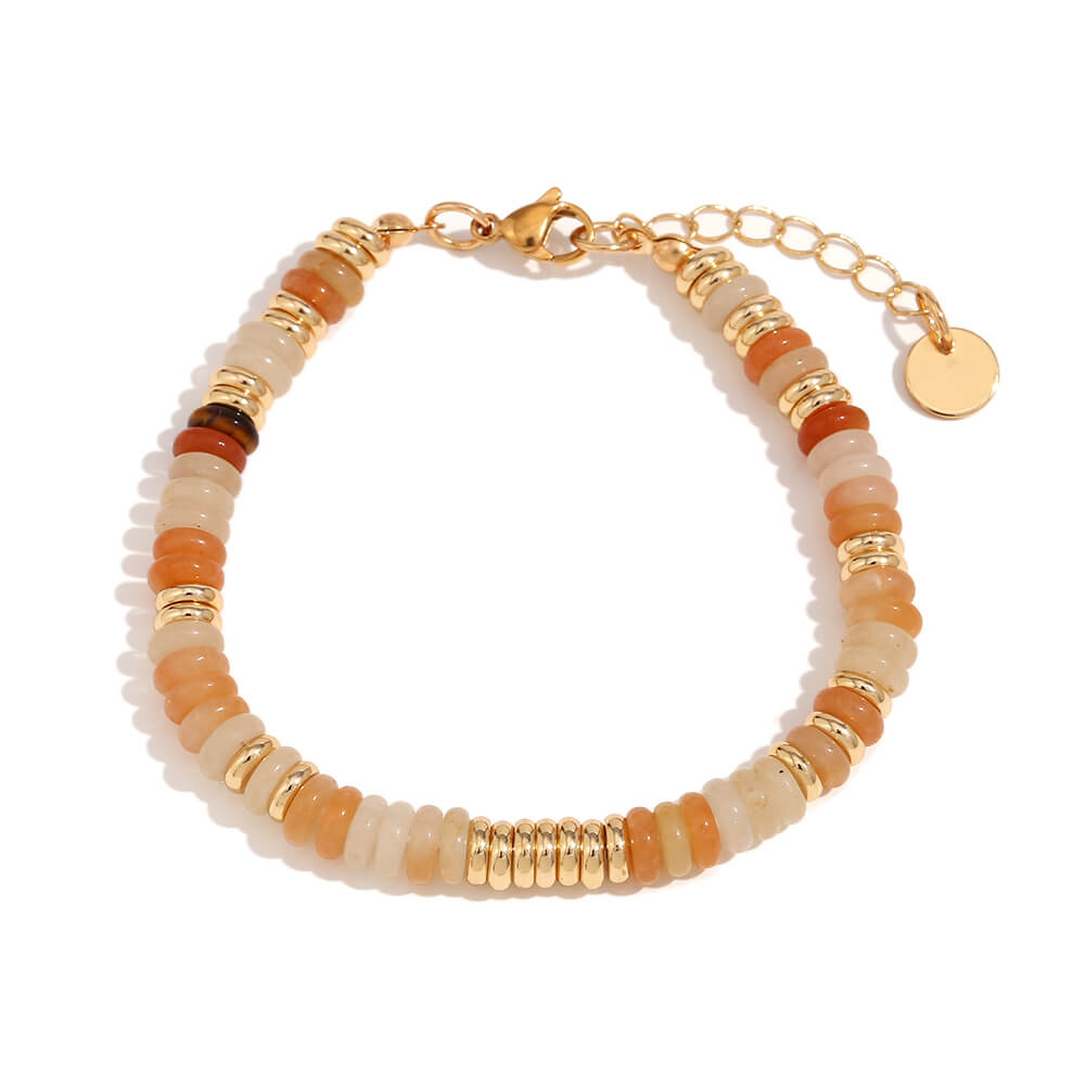 Carnelian Gemstone Rondelle Beaded Gold Bracelet.