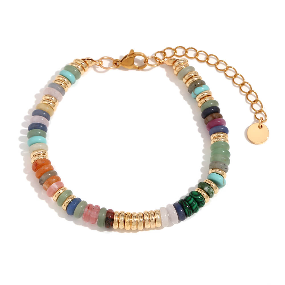 Colorful Gemstone Rondelle Beaded Gold Bracelet.