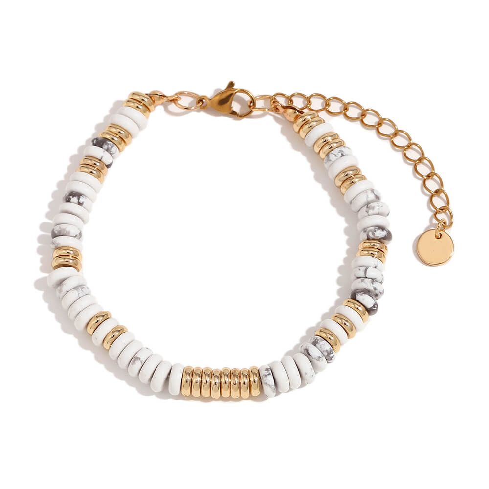 Howlite Gemstone Rondelle Beaded Gold Bracelet.