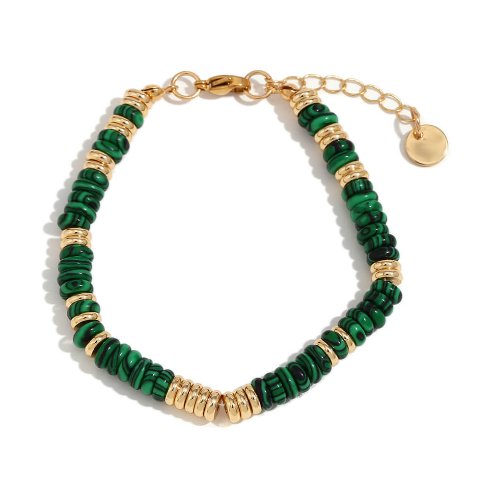 Malachite Gemstone Rondelle Beaded Gold Bracelet.