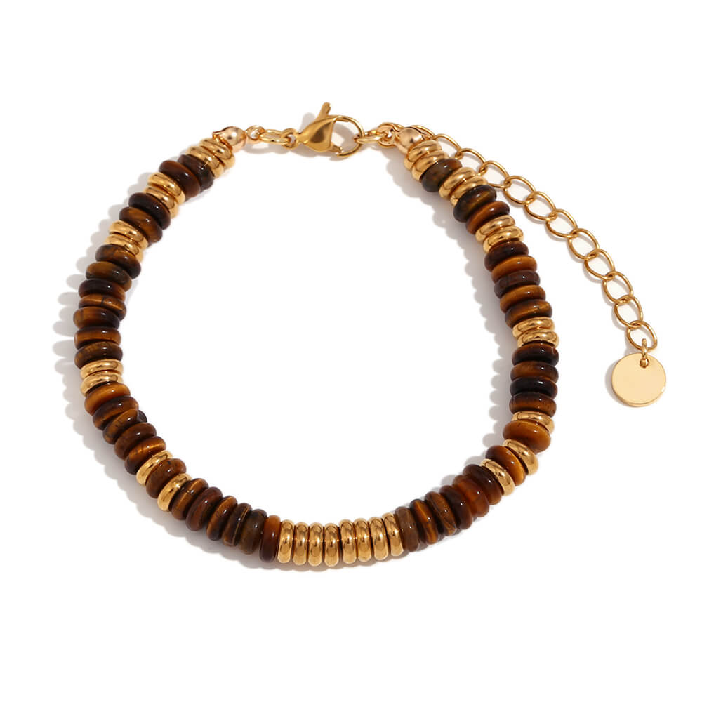 Tigers Eye Gemstone Rondelle Beaded Gold Bracelet.