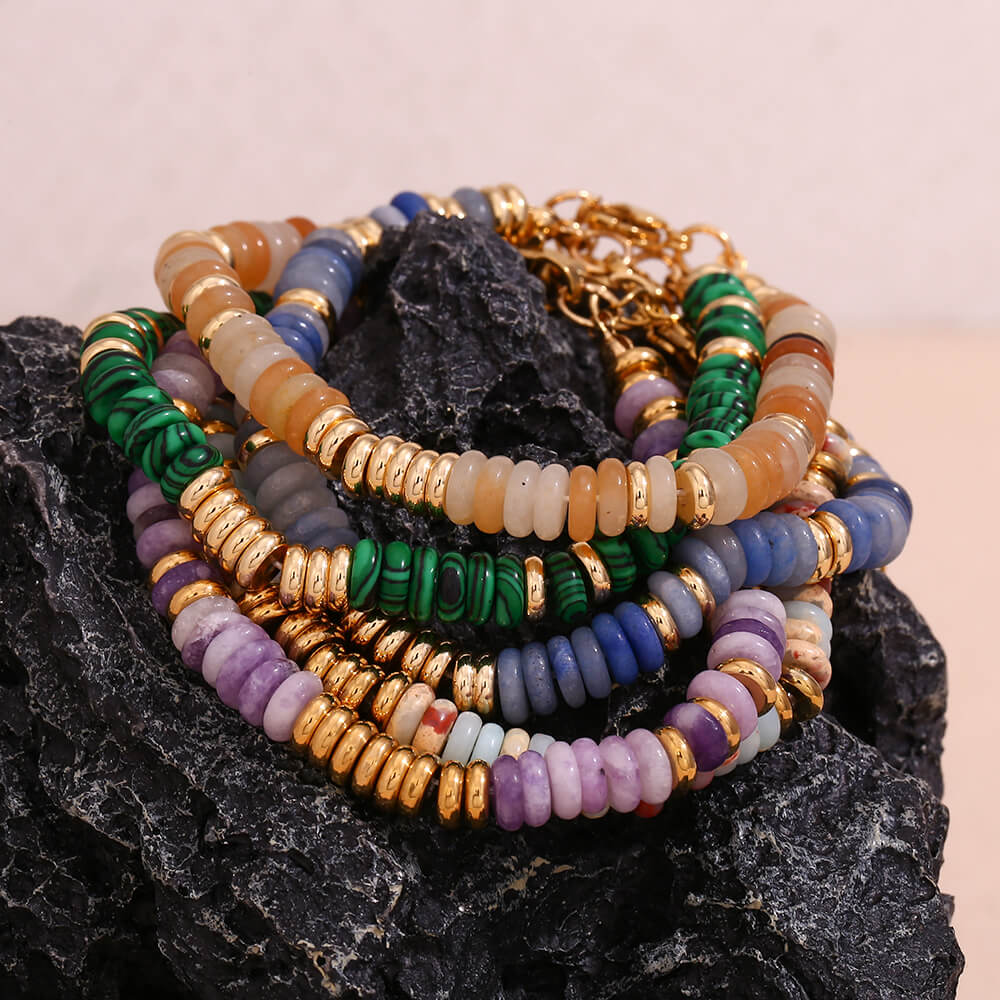 Multi Gemstone Rondelle Beaded Gold Bracelet.