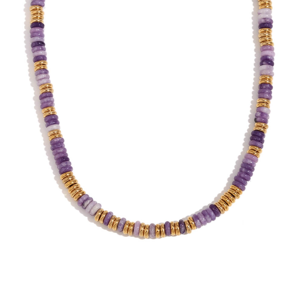 Amethyst Gemstone Rondelle Beaded Gold Necklace.