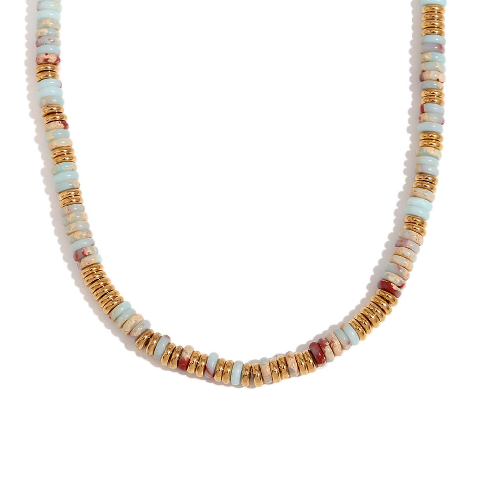 Amazonite Gemstone Rondelle Beaded Gold Necklace.