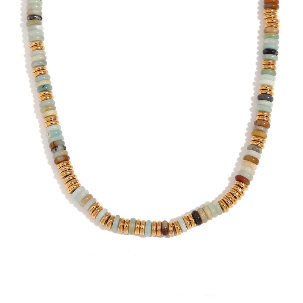 Agate Gemstone Rondelle Beaded Gold Necklace.