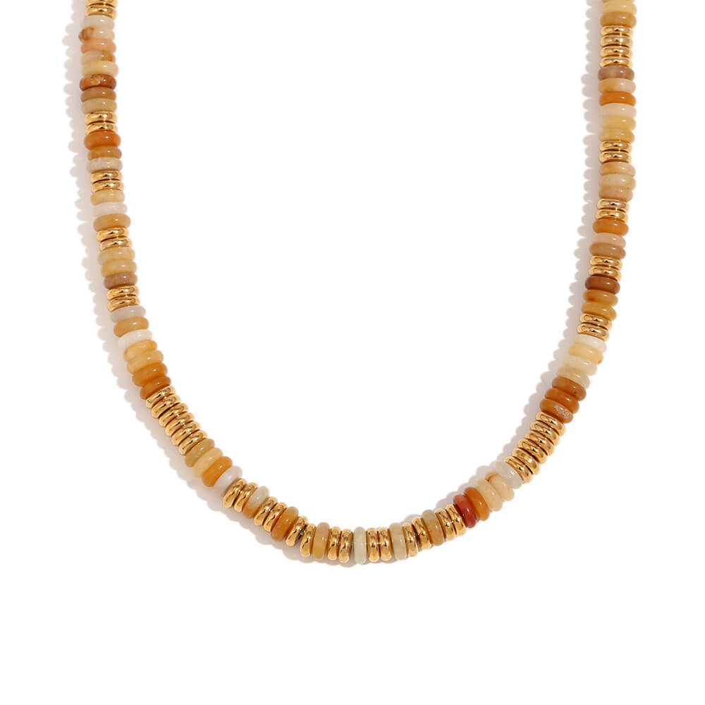 Carnelian Gemstone Rondelle Beaded Gold Necklace.