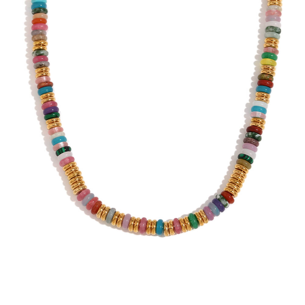 Colorful Gemstone Rondelle Beaded Gold Necklace.