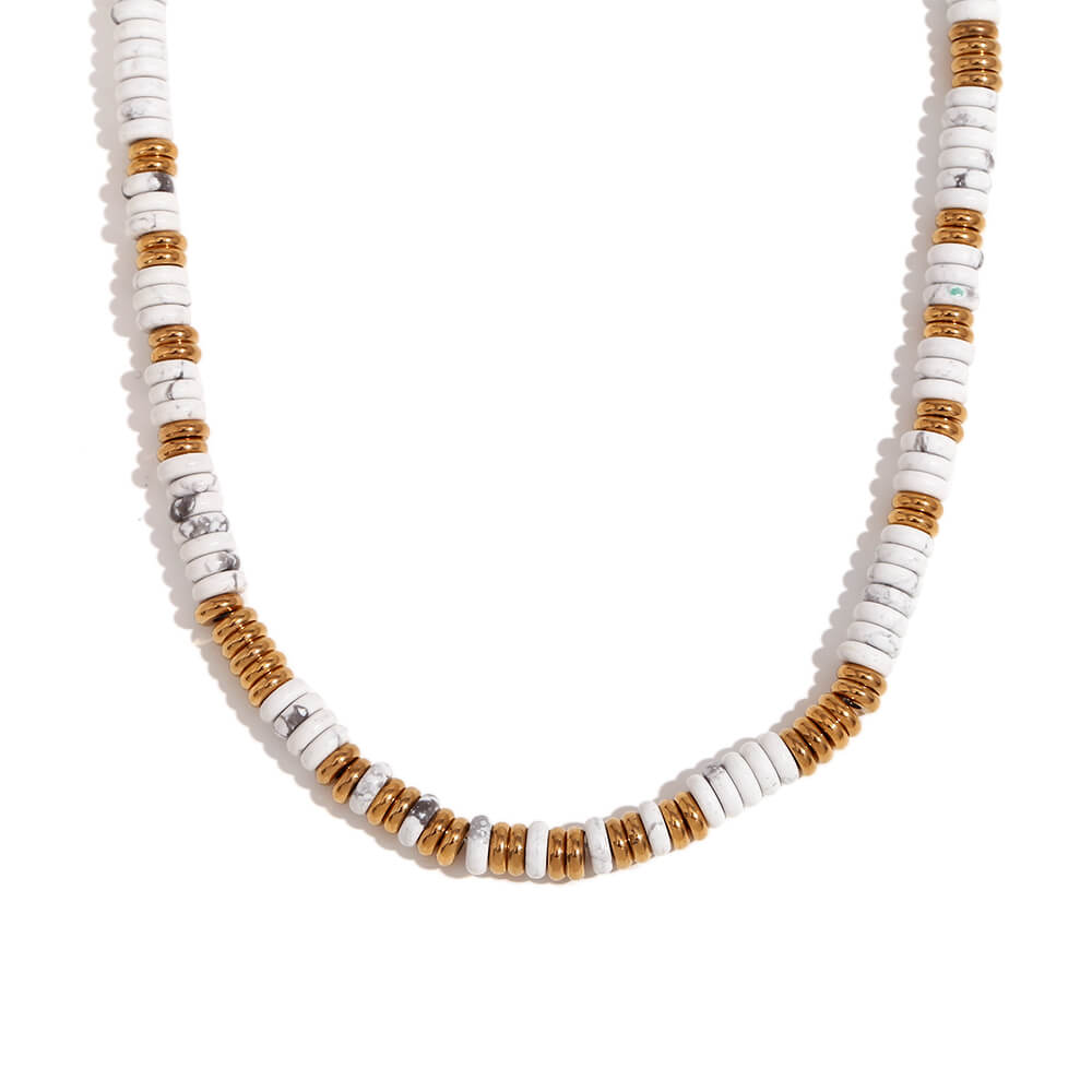 Howlite Gemstone Rondelle Beaded Gold Necklace.