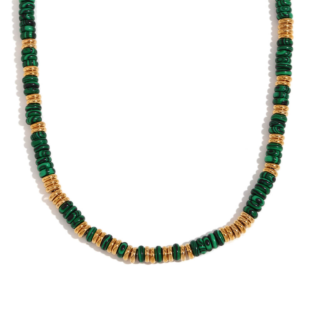 Malachite Gemstone Rondelle Beaded Gold Necklace.