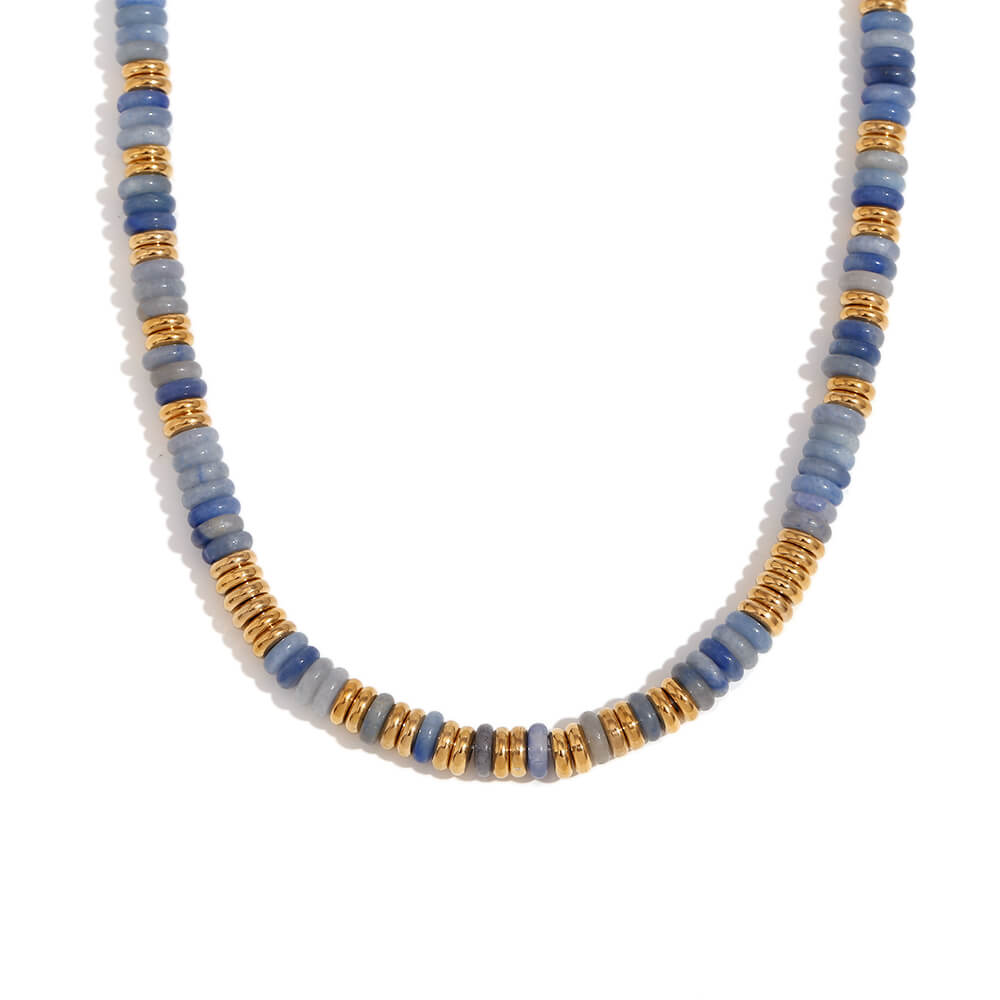 Sodalite Gemstone Rondelle Beaded Gold Necklace.