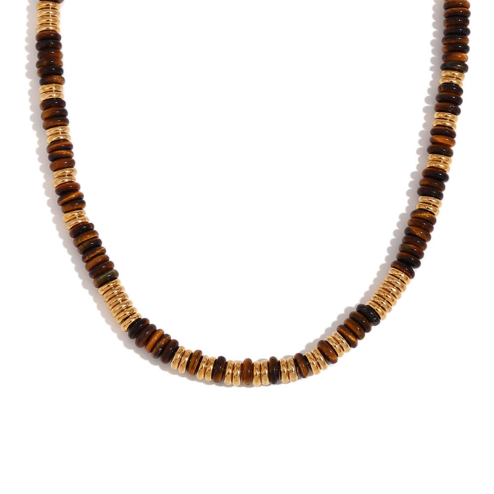 Tigers Eye Gemstone Rondelle Beaded Gold Necklace.