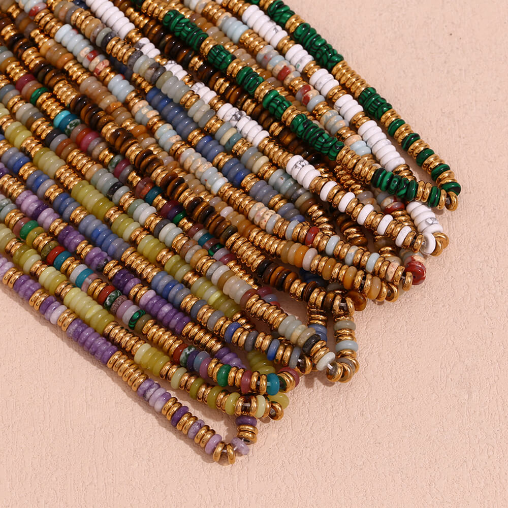 Multi Gemstone Rondelle Beaded Gold Necklace.