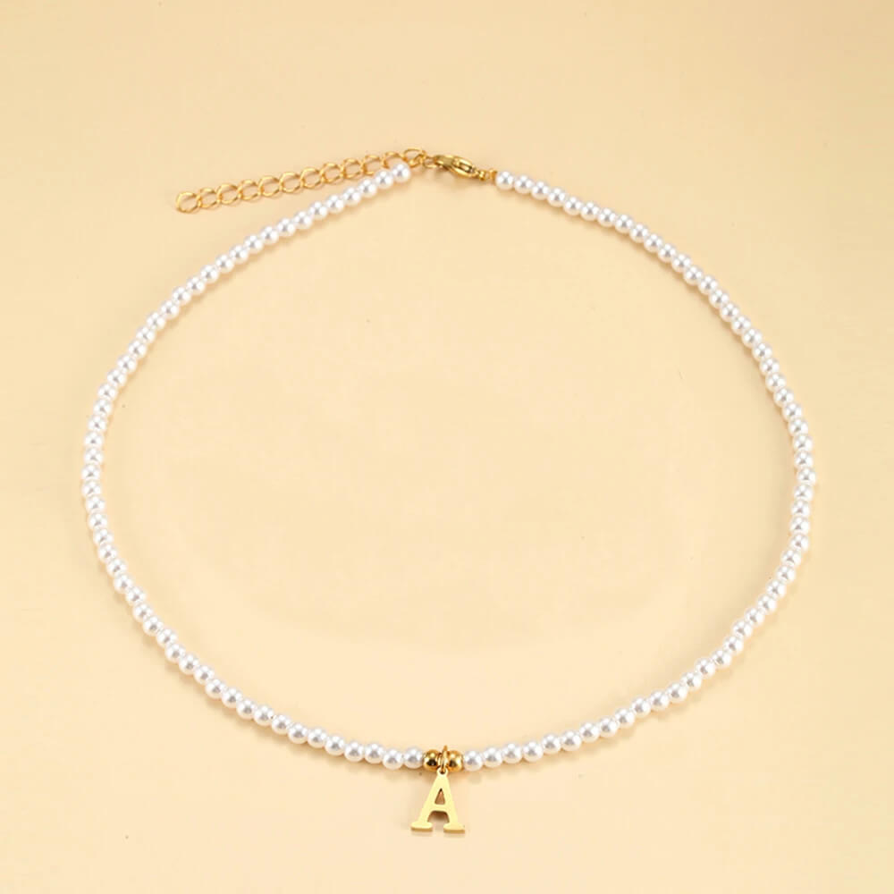 Full view of the Pearl Initial Gold Necklace.