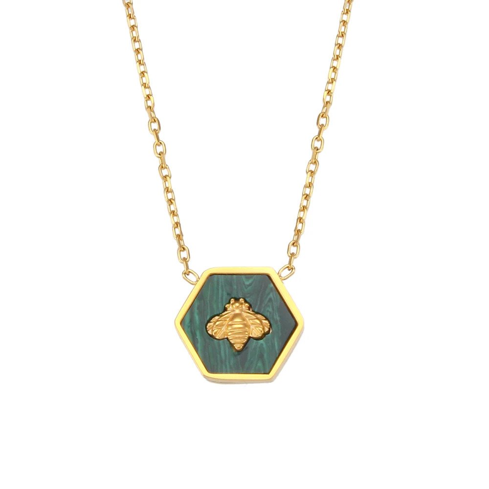 Green Bee Hexogon Gold Necklace.