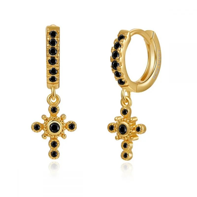 Gold huggies with cross charms with black CZ stones.