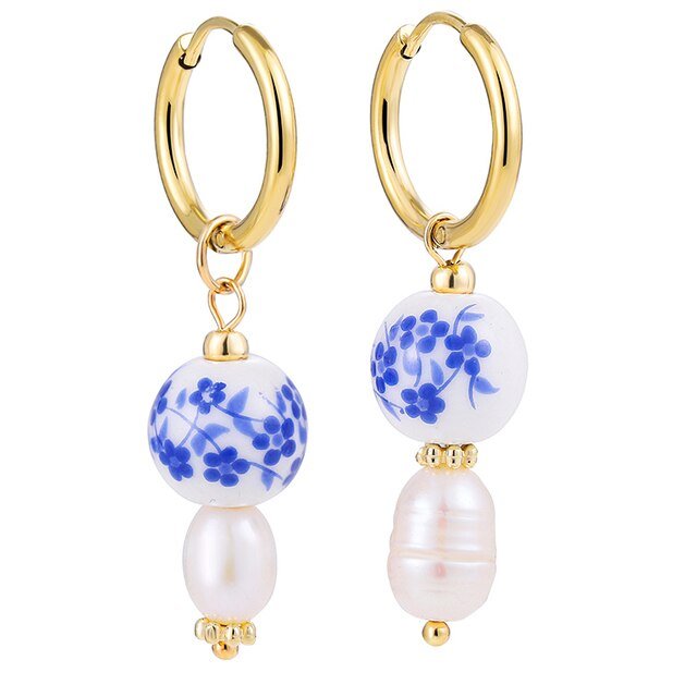 Blue & White Ceramic Pearl Earrings.