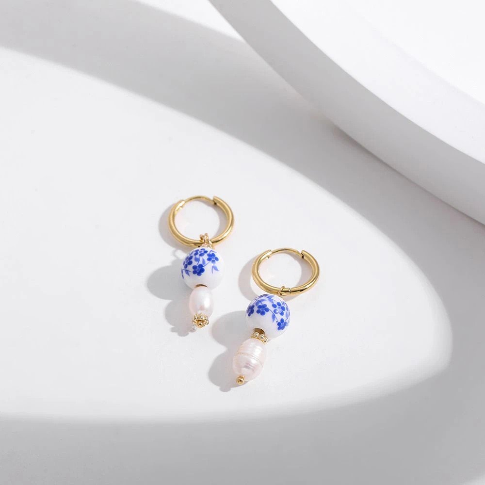 Blue & White Ceramic Bead Pearl Earrings.