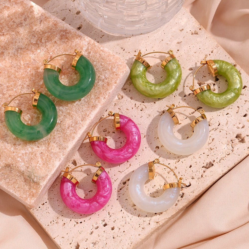 Colorful shimmer Chunky Acrylic Hoops in Gold.